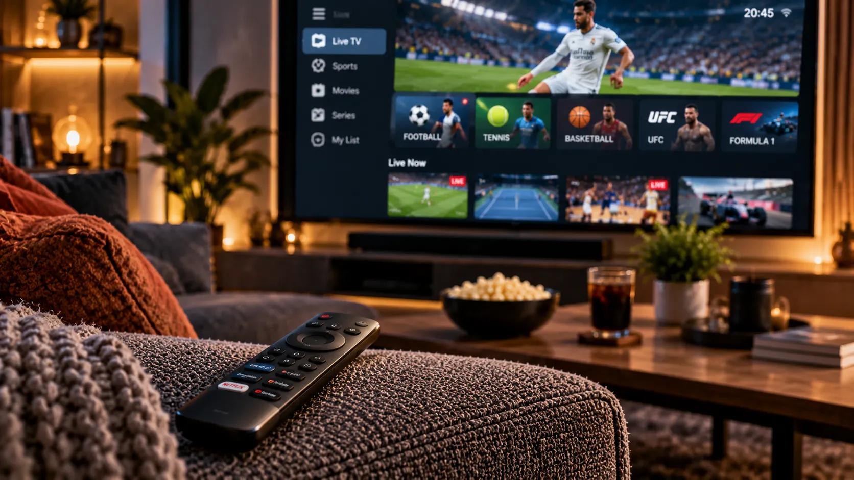 IPTV einrichten: verschiedene Endgeräte nebeneinander — Fire TV Stick, Android-Box, Apple TV und Smart TV mit IPTV-App
